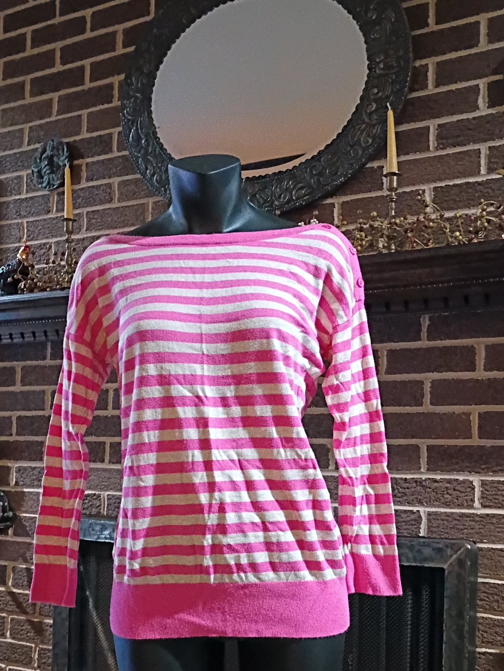 Banana Republic Pink and Cream Striped Boatneck Long-Sleeve Top
